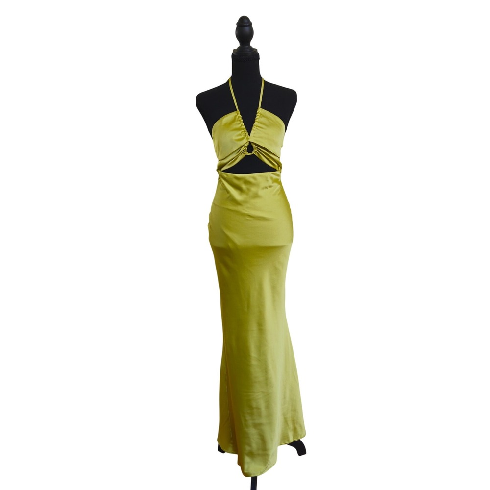New! Peppermayo Chartreuse Satin Maxi Dress Sz 2 Cutout Homecoming HoCo Prom